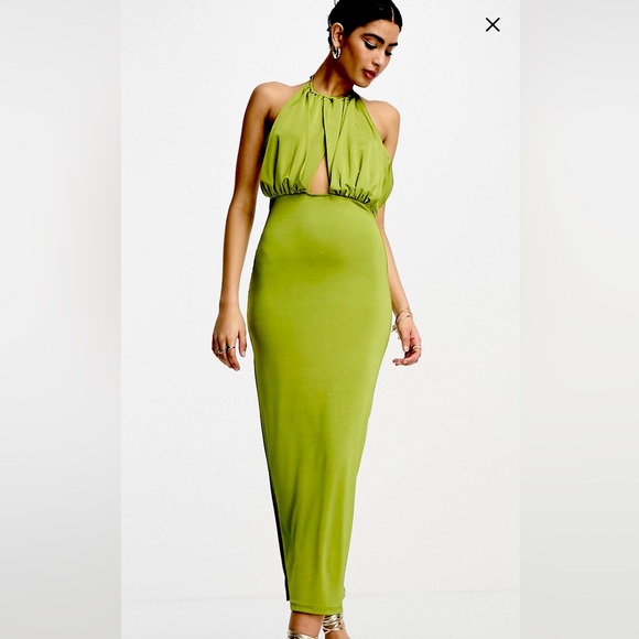 ASOS Green Halter Slinky Midi Dress Women’s Size 4 Small Cutout - Picture 2 of 9
